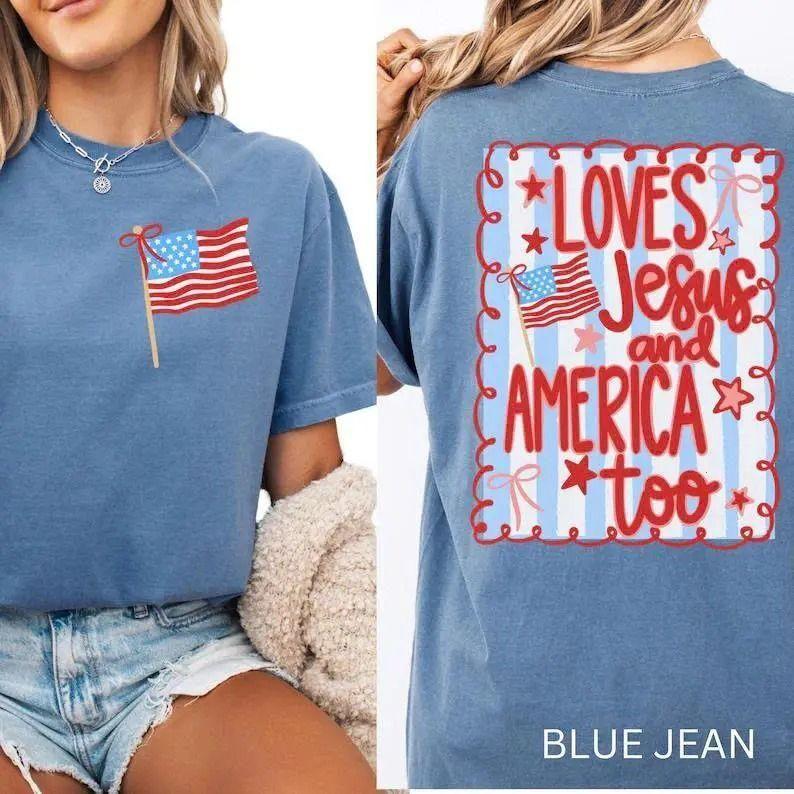 Comfort Colors Loves Jesus and America Too 4th of July Women’s Graphic T-shirt Patriotic Bow American Flag Preppy Red White Blue Daily Wear, Apparel Made In The USA