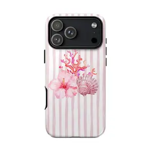 Beach Aesthetic Phone Case – Striped Pastel Ocean Theme with Whale Shark, Coral, Starfish & Surfboard Design for iPhone 11–17 Pro Max