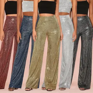 Women's Sparkly Wide Leg High Waist Wideleg Long Pants Trouser Straight Comfort Fabric Womenswear Bottom Red Minimalist Style