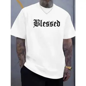 Men's summer 100% pure cotton fashionable casual loose Blessed letter pattern printed sports round neck short sleeved T-shirt