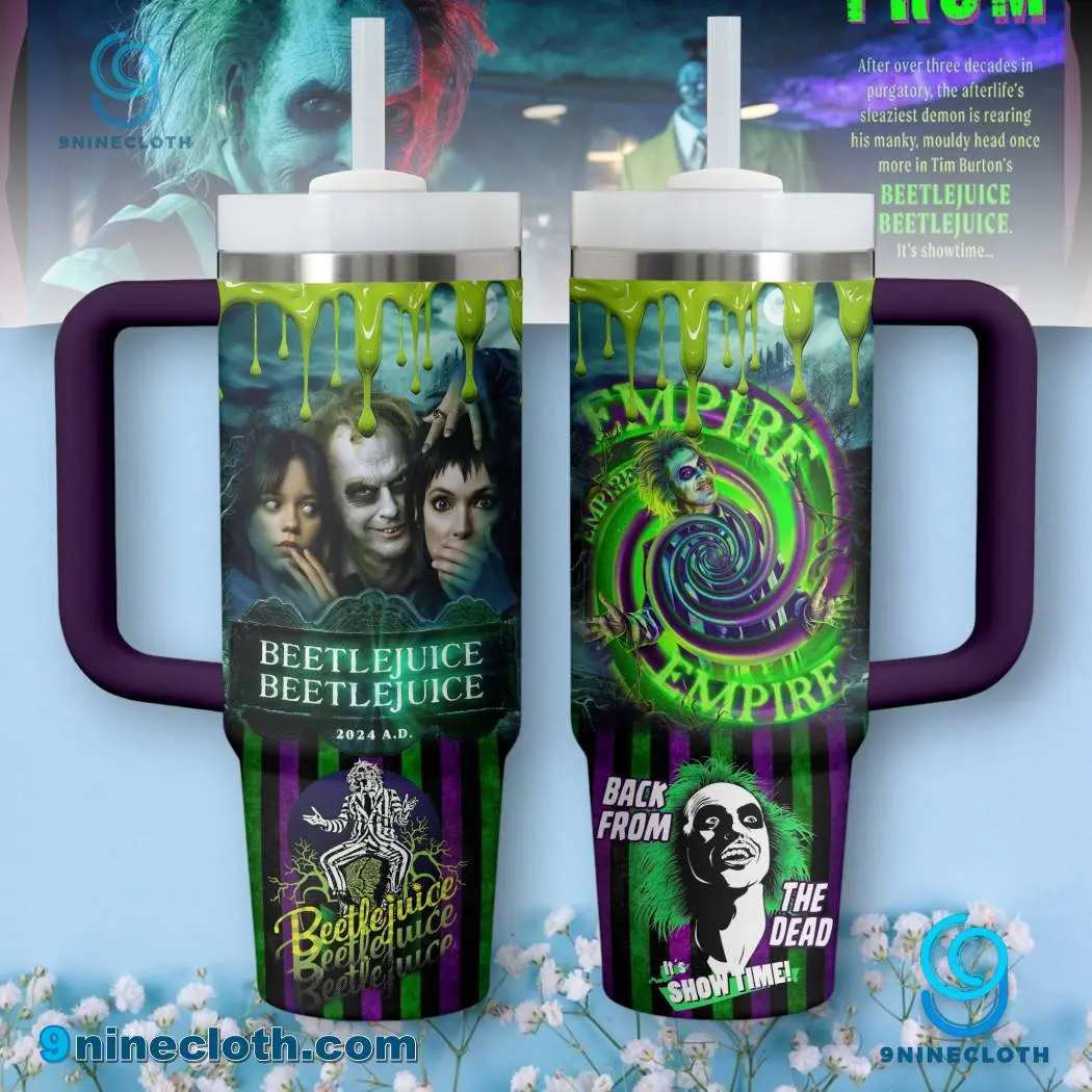 Beetlejuice Beetlejuice 2024 40oz Tumbler with Handle & Straw, It's Showtime Insulated Stainless Steel Travel Mug, Tim Burton Horror Comedy Fan Gift, Ghost with the Most Coffee Cup, Spooky Movie Drinkware