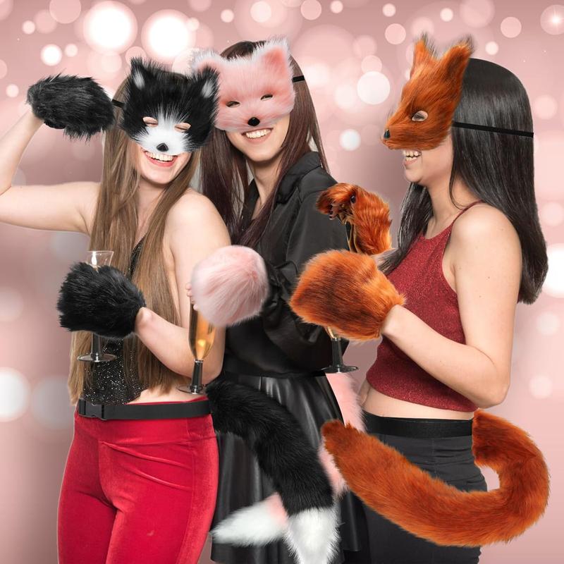 GJ-L-GCS067  Faux Fur Cat Fox Mask Tail and Paw Set, Wolf Furry Suit Plush Therian Accessories Kit