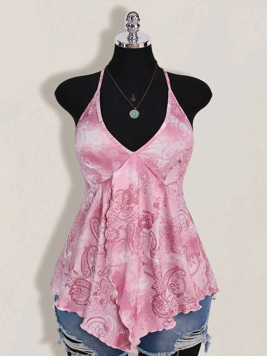 Plus Size Women Spring And Summer Vacation Casual Retro Printed Backless Halter Y2k V Neck Western Boho Beach Hippie Babydoll Top