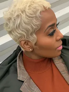 Blonde Wave Pixie Cut Wig, Human Hair Wig, Easy to Wear, Perfect for Daily Wear, Machine-Made Rose Net Hair Wig, Short Straight Wigs, Glueless Wig