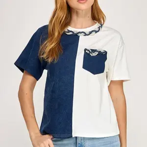 Denim Tshirt with Pearl Embellishments and Contrast Pocket Design for Women