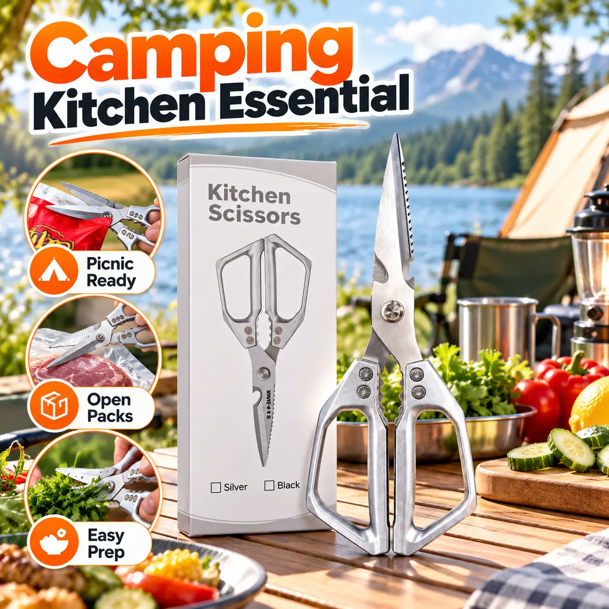 Professional Kitchen Scissors, 9.25 Inch Heavy Duty Stainless Steel Kitchen Shears with Serrated Blades, Ergonomic Metal Grip, Multipurpose Cooking Scissors for Poultry, Chicken, Fish, Seafood, Vegetables, BBQ & Food Preparation