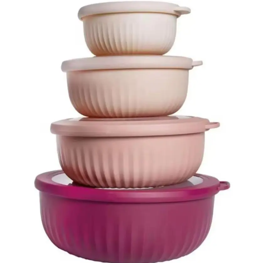4-Piece Round Modern Lightweight Polypropylene Plastic Mixing Bowls Set with Lids for Home Baking, Stackable, Convenient Practical Hand Wash Kitchen Food Storage & Meal Prep Containers
