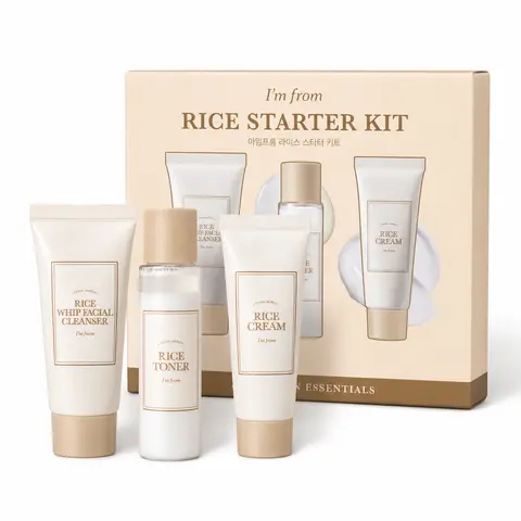 I'm from Rice Starter Kit - Limited Edition Unisex Korean Vegan Facial Skincare Travel Set, Mini Trio with 30ml Whip Cleanser, 30ml Toner, 15ml Soothing Hydrating Face Moisturizer for Skin Repair, Radiance, Clean Girl Glass Skin