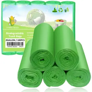 2 Gallon Compostable Trash Bags Small Biodegradable Garbage Bags 7.5 Liters Wastebasket Trash Liners for Bathroom Office Bedroom, Green 100 Counts