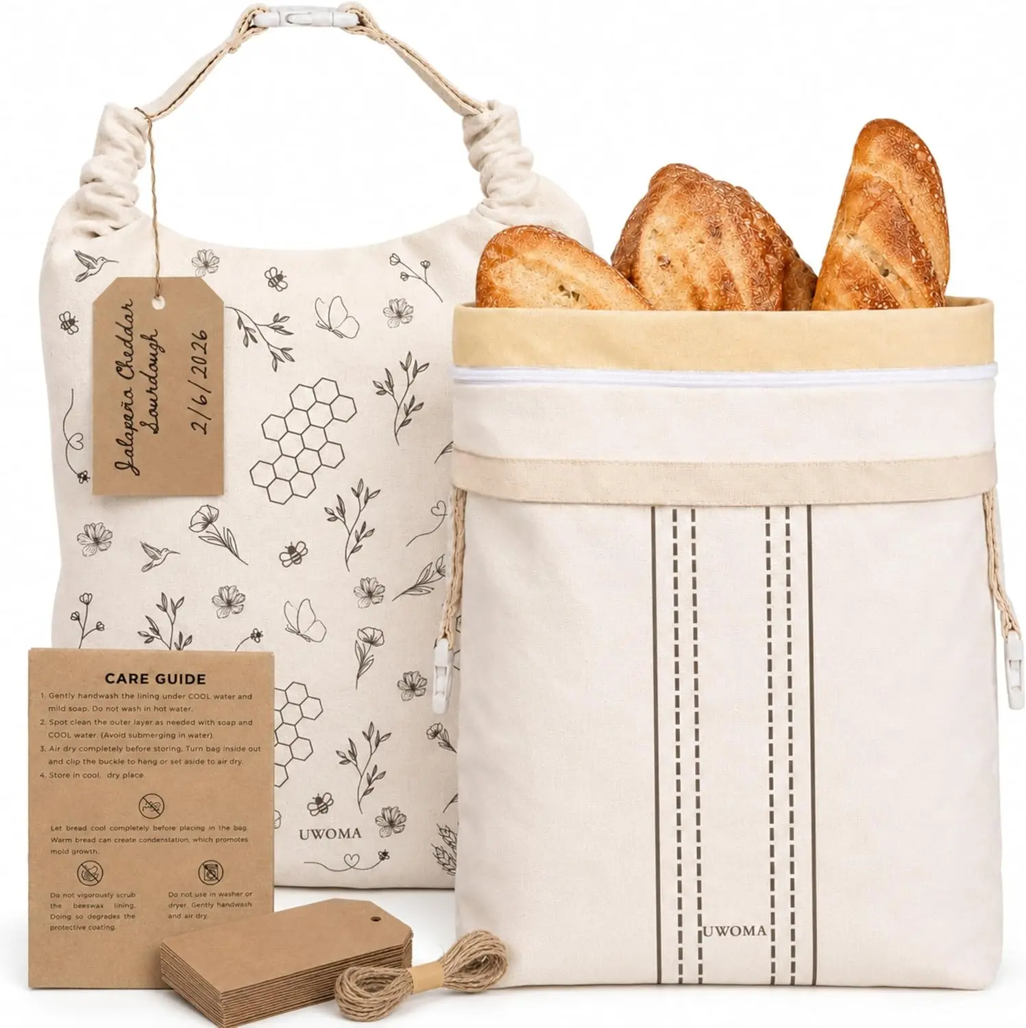 UWOMA Reusable Beeswax Bread Bags with Label Tags & Care Guide