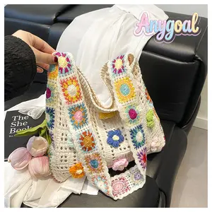 Anygoal Women's Y2K Cottagecore Handmade Floral Crochet Tote Bag, cute knit beach bag Hollow Out Knit Shoulder Bag, Cottagecore Wide Strap Bag, Large Capacity Summer Beach Bag, Casual Boho Aesthetic Bag for Women Daily Use