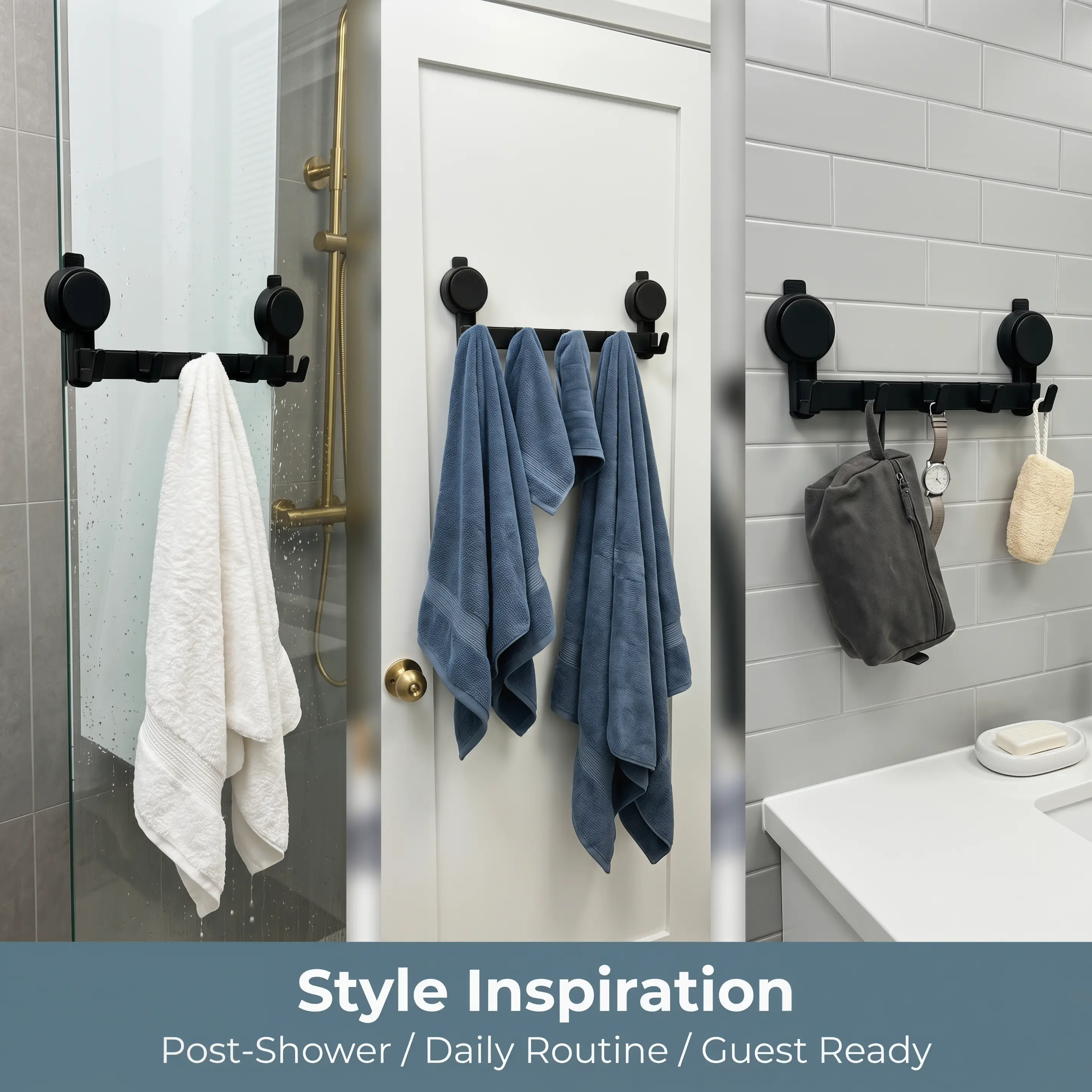 Aluminum Contemporary 5-Hook Suction Cup Hook Bar - No-Drill Bathroom Towel Rack, Renters-Friendly Damage-Free Shower Hanger, Heavy-Duty Waterproof Rustproof Vacuum Grip Organizer for Towels/Robes on Smooth Tile/Glass Surfaces
