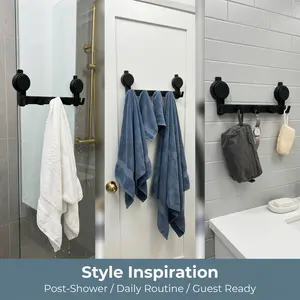 No-Drill 5-Hook Suction Cup Bathroom Towel Rack, Renters-Friendly Damage-Free Shower Wall Hanger, Heavy Duty Waterproof Rustproof Vacuum Grip Organizer for Towels, Robes on Smooth Tile/Glass Surfaces