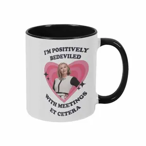 I’m Positively Bedeviled With Meetings Et Cetera Mug (11oz/15oz)  Retro Heart Shape Typography Print  Funny Office Quote Ceramic Cup  Dishwasher Safe Gift for Workplace Home Desk Coffee Lover