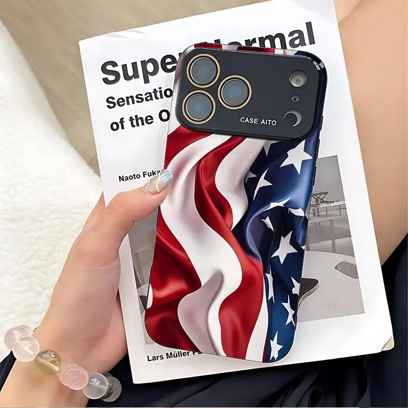 Luxury American flag print phone case. Compatible with iPhone 17 Pro Max, 16 Pro Max, 15 Pro Max, and 14 Pro Max. Full lens protection. Also compatible with iPhone 15, 14, 13, and 12. Made of skin-friendly TPU material.