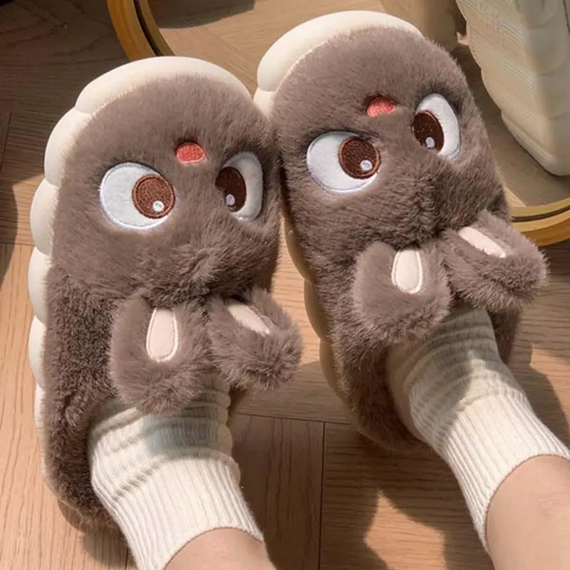 Cute Cartoon Rabbit Women's Home Slippers, Low Heel Soft Sole Indoor Slides, Casual Home Slippers, Fluffy Home Slippers, Cozy Plush Winter Footwear for Comfort, Warm Indoor Footwear, House Slippers, Fuzzy Fashion Slippers