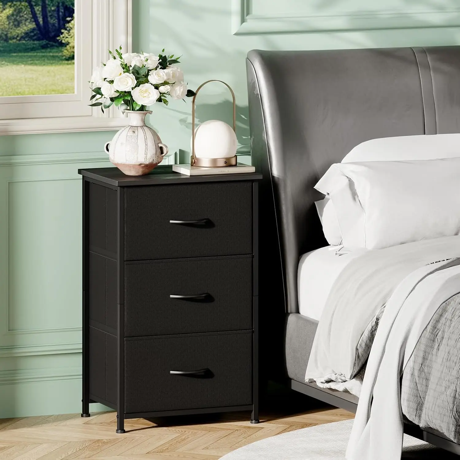 3 Drawer Fabric Dresser for Bedroom, Small Night Stand Chest of Drawers with Metal Frame, MDF Top & Removable Fabric Bins, Storage Organizer for Closet, Nursery, Dorm or Entryway