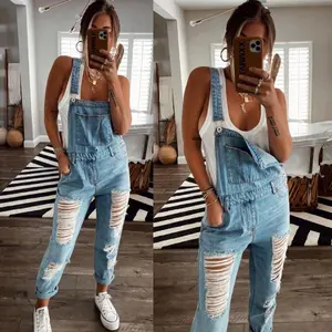 European and American Women's Denim Jumpsuit Temperament Commute Cotton Denim Ordinary Lightweight Mid-Waist Blue Jeans for Women Womenswear Bottom Underwear Lady Streetwear Comfort Overalls Basic