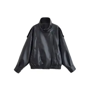 Women’s Loose Fit Faux Leather Jacket, Stand Collar Long Sleeve Zipper Pocket Design, Casual Short Coat for Autumn & Winter