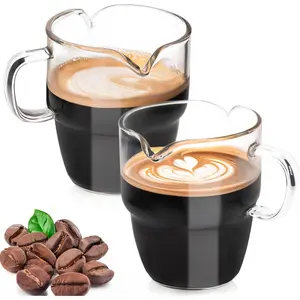 Espresso Cups Set of 2, 6 Oz Double Spouts Cups Shot Glasses with Handle Clear Glass, Espresso Accessories for Machine