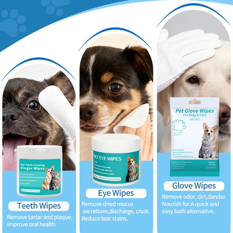 6Piece All-in-one Grooming Kit - Pet Grooming Glove Wipes 6PCS/PACK & Pet Teeth Cleaning Finger Wipes 50pcs & Pet Eye Wipes 100 Pcs &  Pet Ear Drops 60ml & Pet No-Rinse Paw Cleaner 100ml & Pet Deodorizing Spray 60ml