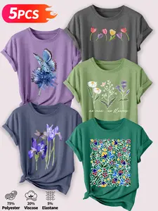 Women's 5Pcs Crew Neck T-Shirts, Watercolor Tulip Iris & Floral Series Print, Multiple Colors Available, Machine Washable, Spring & Summer Tops, Soft Skin-Friendly Fabric, Daily Versatile, Fashion Design