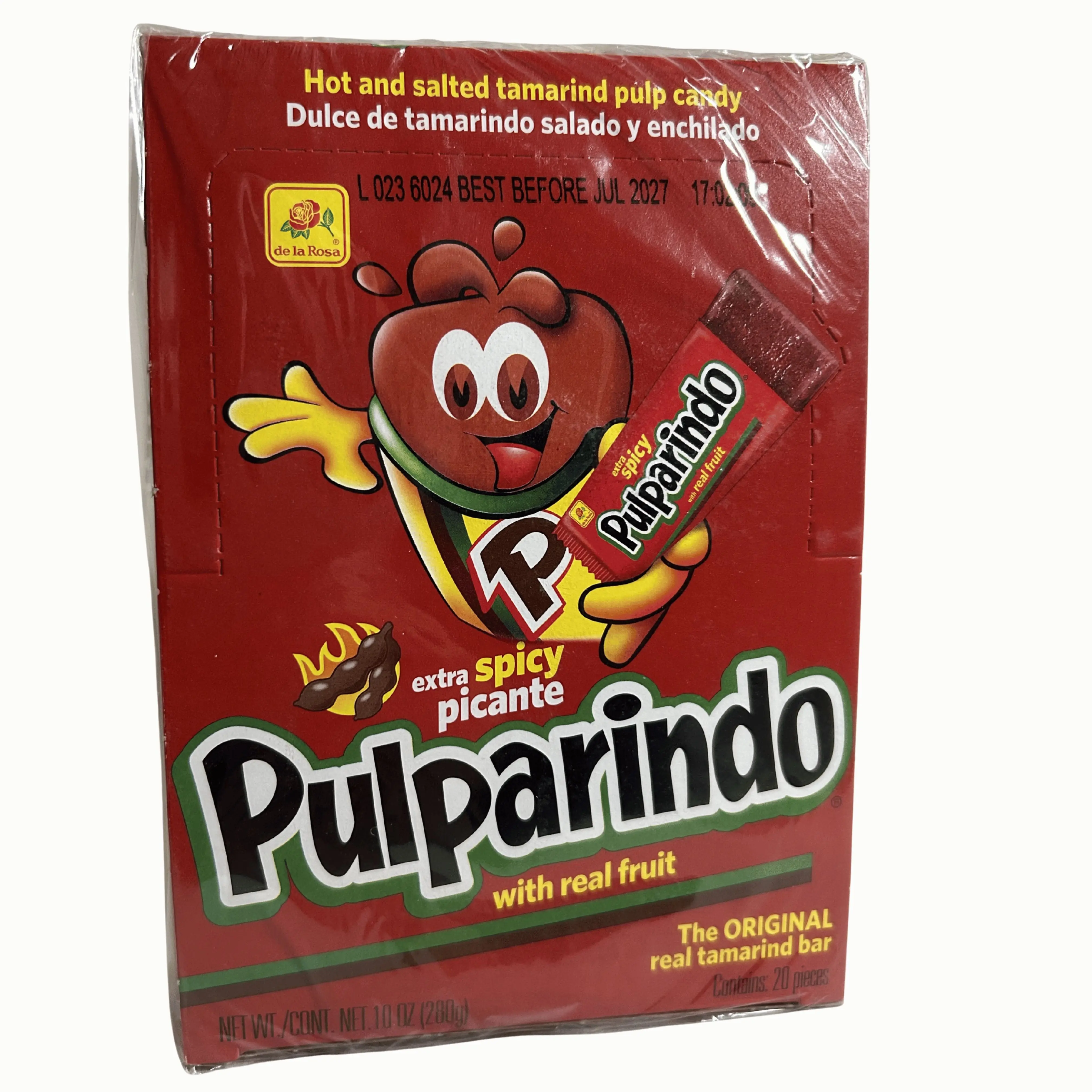De La Rosa Pulparindo Extra Spicy Tamarind Candy Bars 20 Count, 10 oz – Hot & Salted Mexican Candy with Real Tamarind Fruit
