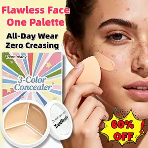 Concealer, Three-Tone Waterproof, Satin Luminous Moisturizing Concealer, Full Coverage for Imperfections and Dark Circles, Neutralizes Makeup for a More Natural Look, Smooths Dull Skin, Includes Thumb Puff,Vegan & Cruelty-Free, 13.5g/0.48oz