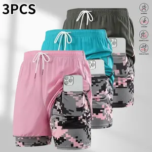 Women’s 3-piece casual athletic shorts set featuring a faux two-piece design, pockets, elastic waistband, quick-dry fabric, adjustable drawstring waist, side mesh pockets—ideal for fitness training, leisure activities, and running.