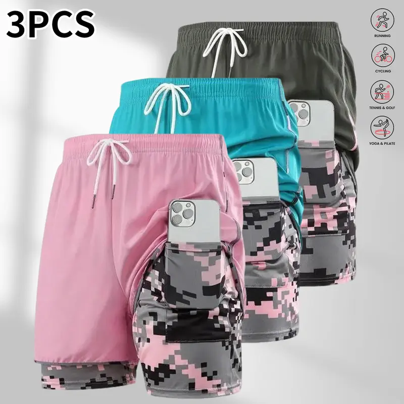 Women’s 3-Piece Fitted Casual Athletic Activewear Shorts Set - Faux 2-Piece Design, Elastic Waistband, Adjustable Drawstring, Quick-Dry Fabric, Pockets, Side Mesh Pockets - Ideal for Fitness Training, Running