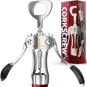 Premium Wine Opener, Wing Corkscrew - Made W/Heavy Duty Stainless Steel Screw & Zinc Alloy Body - Perfect Corkscrew to Open Wine & Beer Bottles - Great Bootle Opener for Bartenders, Restaurants & Home Bravigi