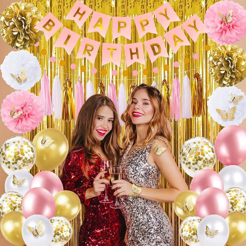 Pink and Gold Birthday Party Decorations for Women with Happy Birthday Banner,Curtains, Butterfly Wall,Circle Dots Garland,Tissue Pompoms,Paper Tassels Garland Birthday for Her