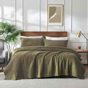 Green Cotton Quilt King Size Bedding Sets with Pillow Shams, Olive Lightweight Soft Bedspread Coverlet, Sage Quilted Comforter Bed Cover for All Season, 3 Pieces, 106x96 inches