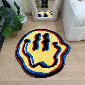 Trippy Melting Smiley Face Fluffy Floor Mat – Suitable for Bedroom/Living Room/Game Room, Soft Non-Slip Flocked Rug with Vibrant Psychedelic Decor Design, Absorbent & Stylish Home Accent Accessory
