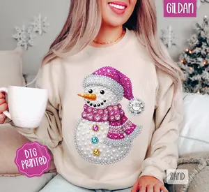Faux Rhinestone Snowman Sweatshirt, Trendy Women's Holiday Crewneck