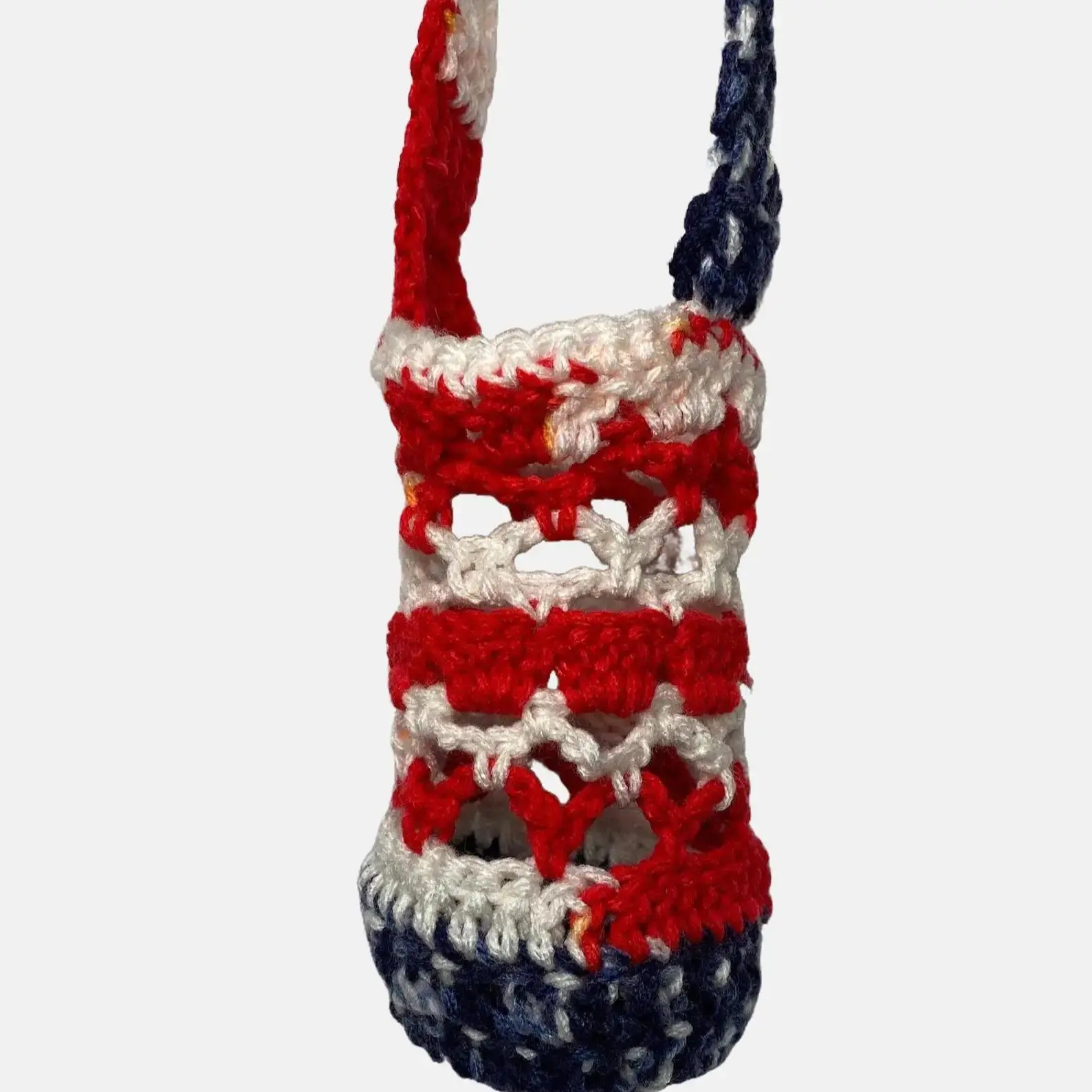 Patriotic Crochet Water Bottle Holder - Red White Blue Acrylic Strap 27" Length 4.5" Width 6.5" Height Cup Holder for Regular Bottles Hydro Flasks Tumblers