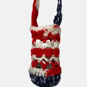 Patriotic Crochet Water Bottle Holder - Red White Blue Acrylic Strap 27" Length 4.5" Width 6.5" Height Cup Holder for Regular Bottles Hydro Flasks Tumblers