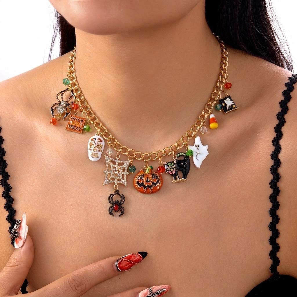 QIMENGLAI Women's Halloween Rhinestone Clavicle Necklace - Sparkly Crystal Spider Ghost Pumpkin Skull Pendant Festival Jewelry with Birthstones Bubble Initial Opalite Dainty Heart Name for Girlfriend Birthday Gifts