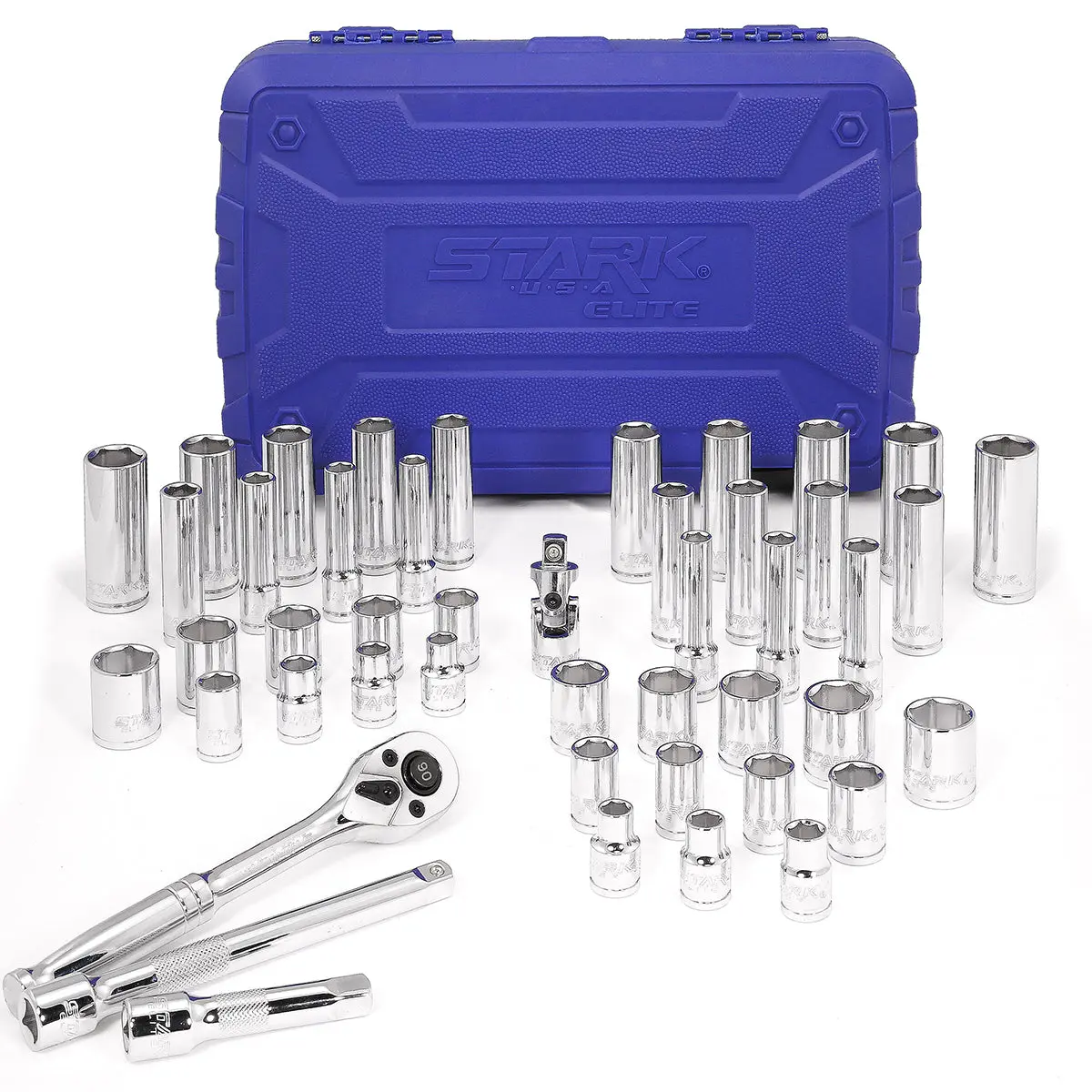 Stark USA 47-Piece 3/8 Drive Chrome Steel Socket Combination Tool Set - Ratcheting Wrench, SAE/MM Compatibility, 90T Ratchet Handle, Extension Bar, 6PT Sockets, Universal Joint, Screwdriver Bit Adapter, Organizer for Car & Industrial Use, Socket Wrench Se