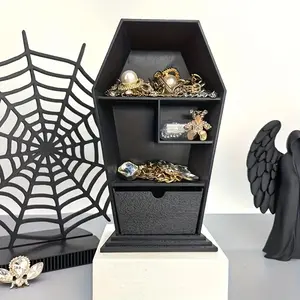 Gothic Style Coffin Storage Box - Multi-Compartment with Small Drawer, Eco-Friendly Design for Rings, Necklaces, Earrings - Halloween, Christmas Gift, Dark Aesthetic Organizer