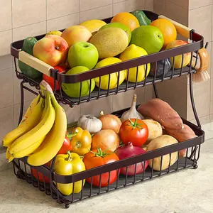 2 Tier Large Fruit Basket for Kitchen Counter with 2 Mobile Banana Hangers 2026 Pro Detachable Metal Bowl Wooden Handle Brown Extra Large Capacity Easy Assemble Strong Sturdy Upgraded Features Protective Mats