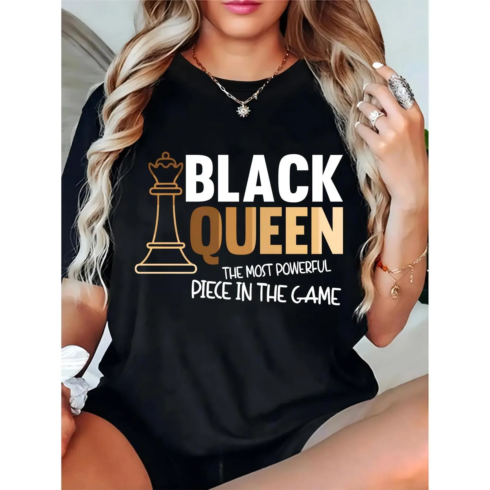 Women's Black T - Shirt with Chess Queen Graphic & 'Black Queen The Most Powerful Piece' Text - Casual Wear for Chess Enthusiasts, Daily Outings