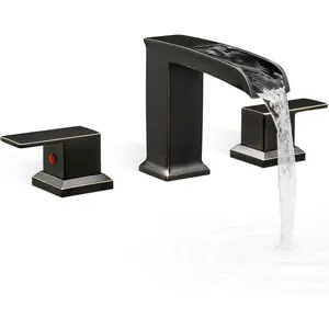Waterfall Tub Faucet Set 3 Hole, Brass Oil Rubbed Bronze Bathtub Faucet Set 2 Handle, 6-16 Inch Deck Mount Roman Tub Faucets, High Flow Bathtub Faucets with Pre-Installed Water Hose for Antique