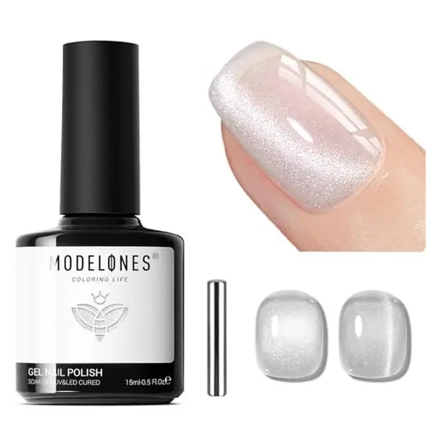 modelones Cat Eye Gel Nail , Silver White Glitter Gel | with Magnet 9D Holographic Clear Crystal Nail Soak Off UV Shimmer 15ML
