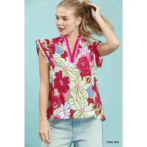 Umgee Bold Floral Flutter Sleeve Top