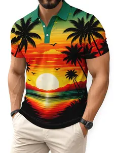Hawaiian Beach Coconut Trees Tropical Polo Shirt for Men, 3D Print Leaves, Short Sleeve, Casual Street T-Shirt, Streetwear, Spring & Fall Fashion