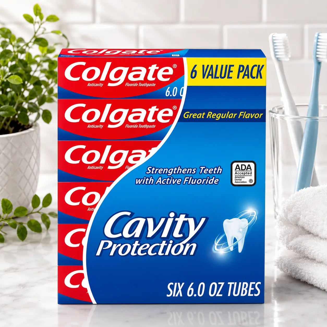 Adult Fluoride Oral Toothpaste with Cavity Protection, Enamel Strengthening, Regular Mint Flavor, ADA Accepted, 6-Pack (6 oz Each) – Bulk Anticavity Brush-Friendly Oral Care Product