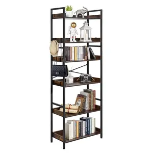 【FathersDayGift】VEVOR Industrial Bookshelf, 6-Tier, Vintage Ladder Shelf Bookshelves and Bookcases, with Metal Frame, Book Organizer with Open Shelves, for Living Room, Bedroom, Kitchen, Home Office, Rustics Brown