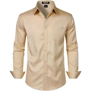 Men's Stretch Slim Fit Dress Shirts Formal Wedding Prom Business Long Sleeve Button Down Shirt with Pocket