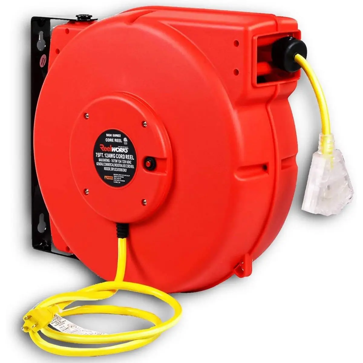 Reelworks Retractable Power Extension Cord Reel - 80 ft, 125VAC, 15A, 1875W, 3-Prong NEMA 5-15R/NEMA 5-15P Plug, 3C/SJTOW Triple Tap, 2 Non-Snag Rollers, Ozone-Resistant Polypropylene Electrical Accessory, Retracts Easily for DIY Projects